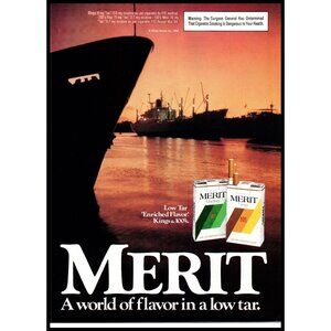 1985 Merit Cigarettes Vintage Print Ad Ships Bow Port at Sunset Wall Art 80s